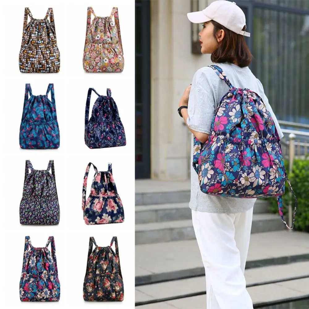 Retro Drawstring Backpack Large Capacity Flower Printed Women's Backpack with Bundle Pocket Portable Climbing Backpack Unisex