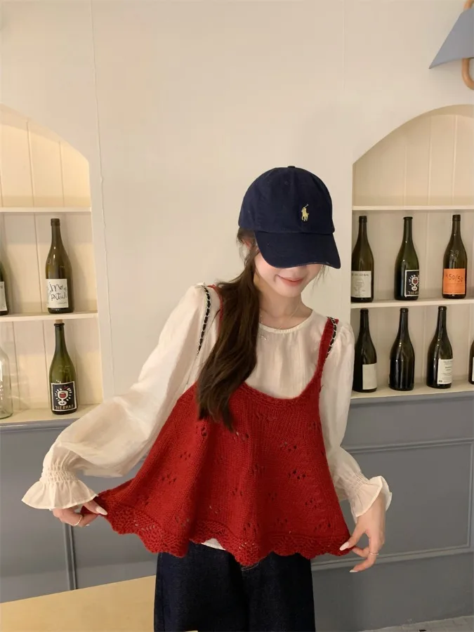 

Women's Gentle Sweet Bell Sve irt Knitted Hollow out Two Piece Set Autumn New Sle Large Size Faion Comfortable Loose...