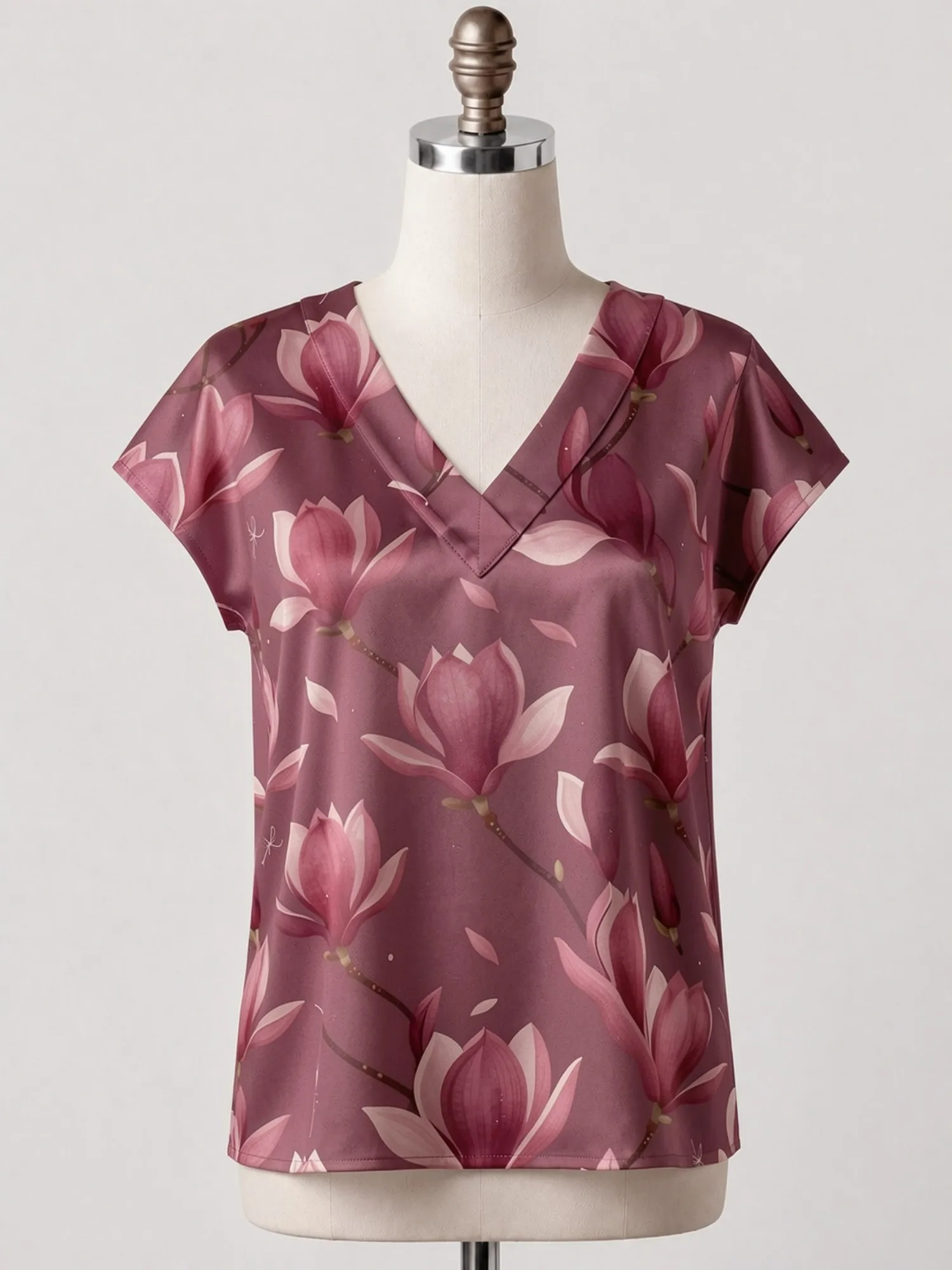 Floral Satin V Neck Top for Women Cap Sleeve Loose Draped Fit Silky Casual Brunch Weekend Wear Lightweight Breathable Fresh Airy