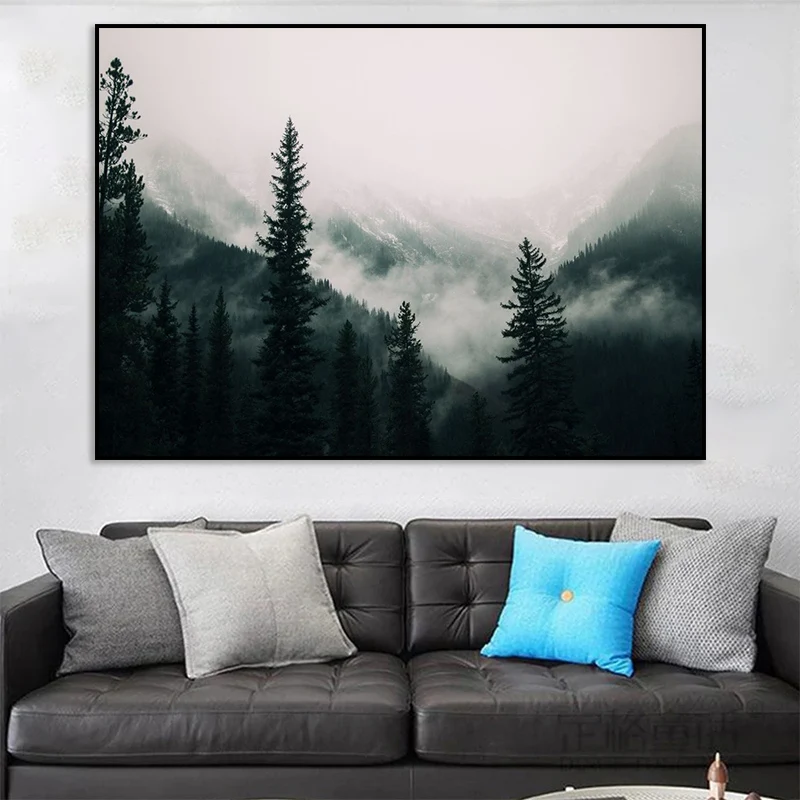 Forest  Landscape Waterfall River Boat Lakeside Winter Cabin Art Posters Canvas Painting Wall Prints Picture for Room Home Decor