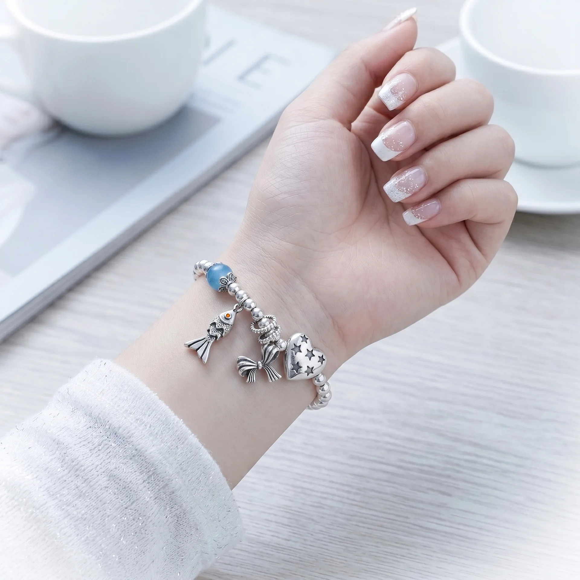 925 Sterling Silver Bracelets for Women Men String Accessories Retro Fish Heart Beads Heart Pendant Party Jewelry Gift