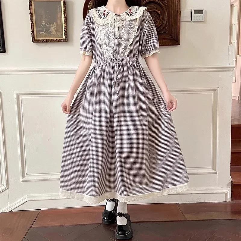 Vintage Plaid Lolita Dress Women Japanese Kawaii Ruffled Peter Pan Collar Dress Summer Sweet Princess Puff Sleeve Party Vestidos