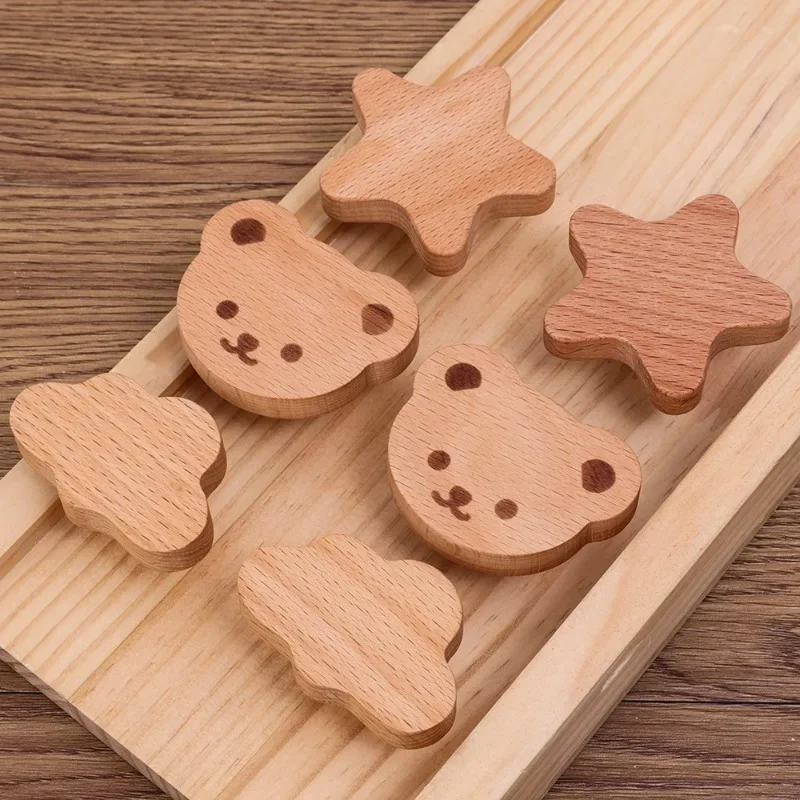 1/5Sets Wooden Door Handle with Screws Children\'s Room Cartoon Wood Furniture Handles Kitchen Cupboard Wardrobe Drawers Knobs