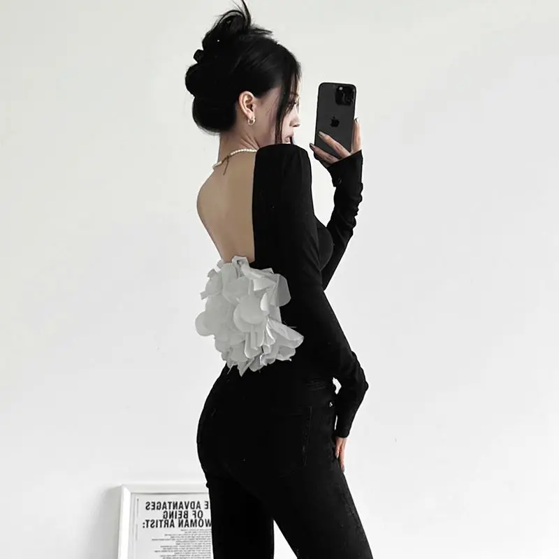 

Elegant Temperament T-shirt Ballet Backless Contrast Flower Stitching 2025 Spring and Summer Sexy Spice Girl Women's Top