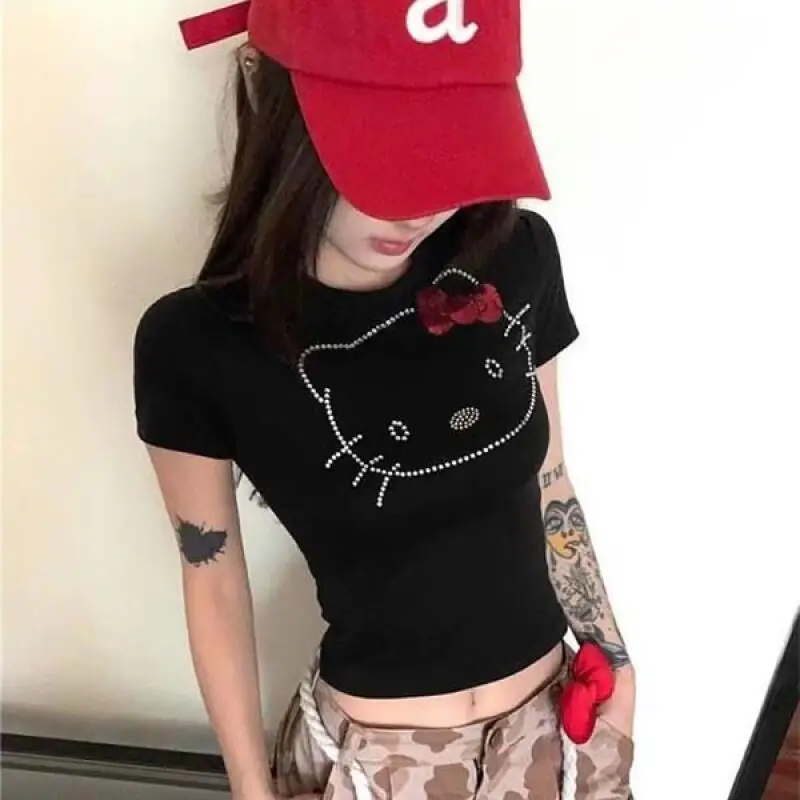 

Kawaii Hello Kitty Hot Drill T-Shirt Sanrio Summer Anime New Loose Preppy Girl Student Fashion Sweet Loose Short Sleeve Tops