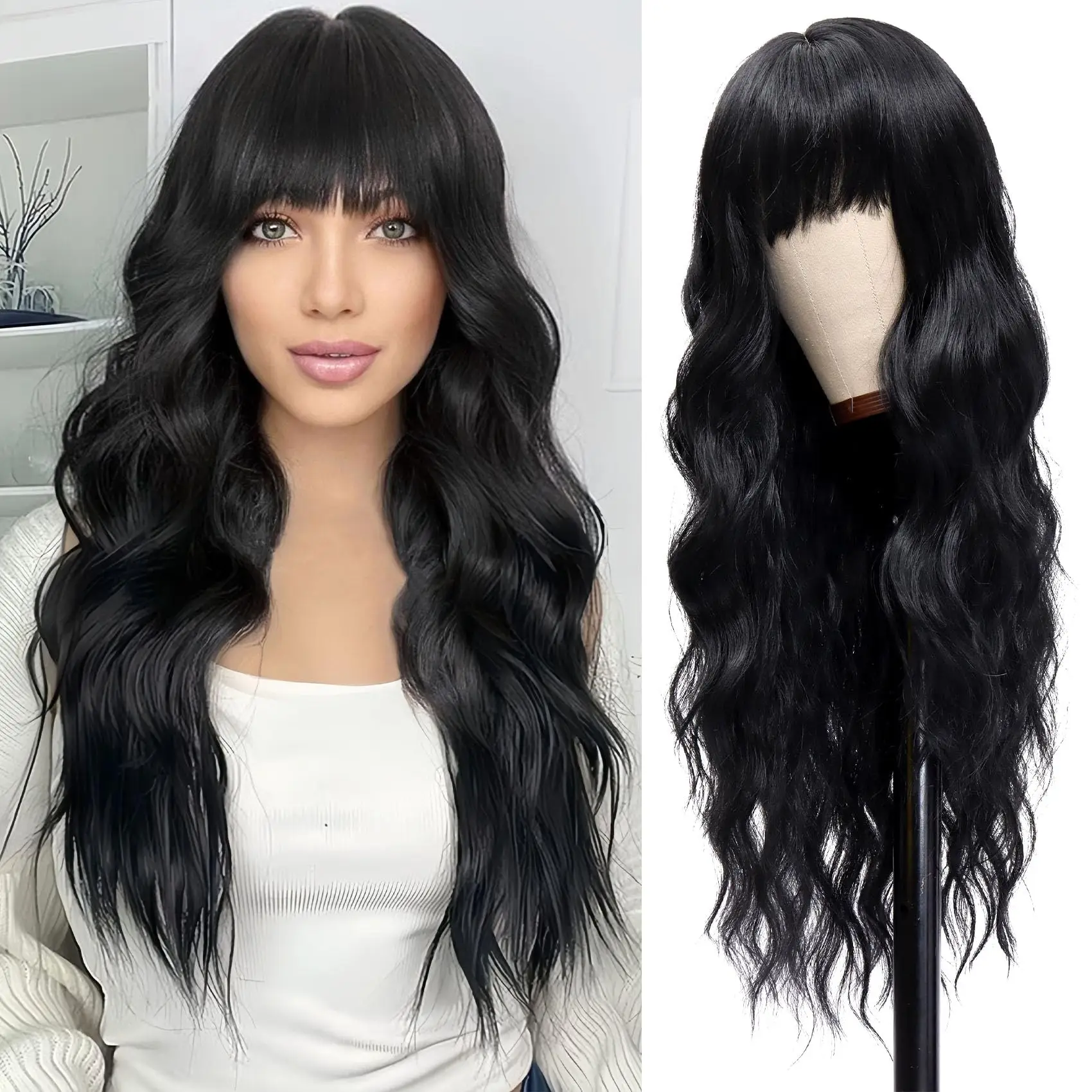 

Black synthetic wig with big waves for party, Halloween cosplay, everyday use, high-temperature hair accessory
