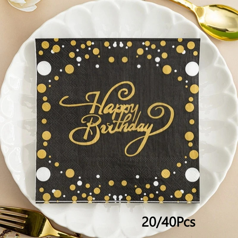 Birthday Party Colorful Printing Napkins Square Paper Napkins Gold Lettering on Black Background Paper Placemats 20/40pcs