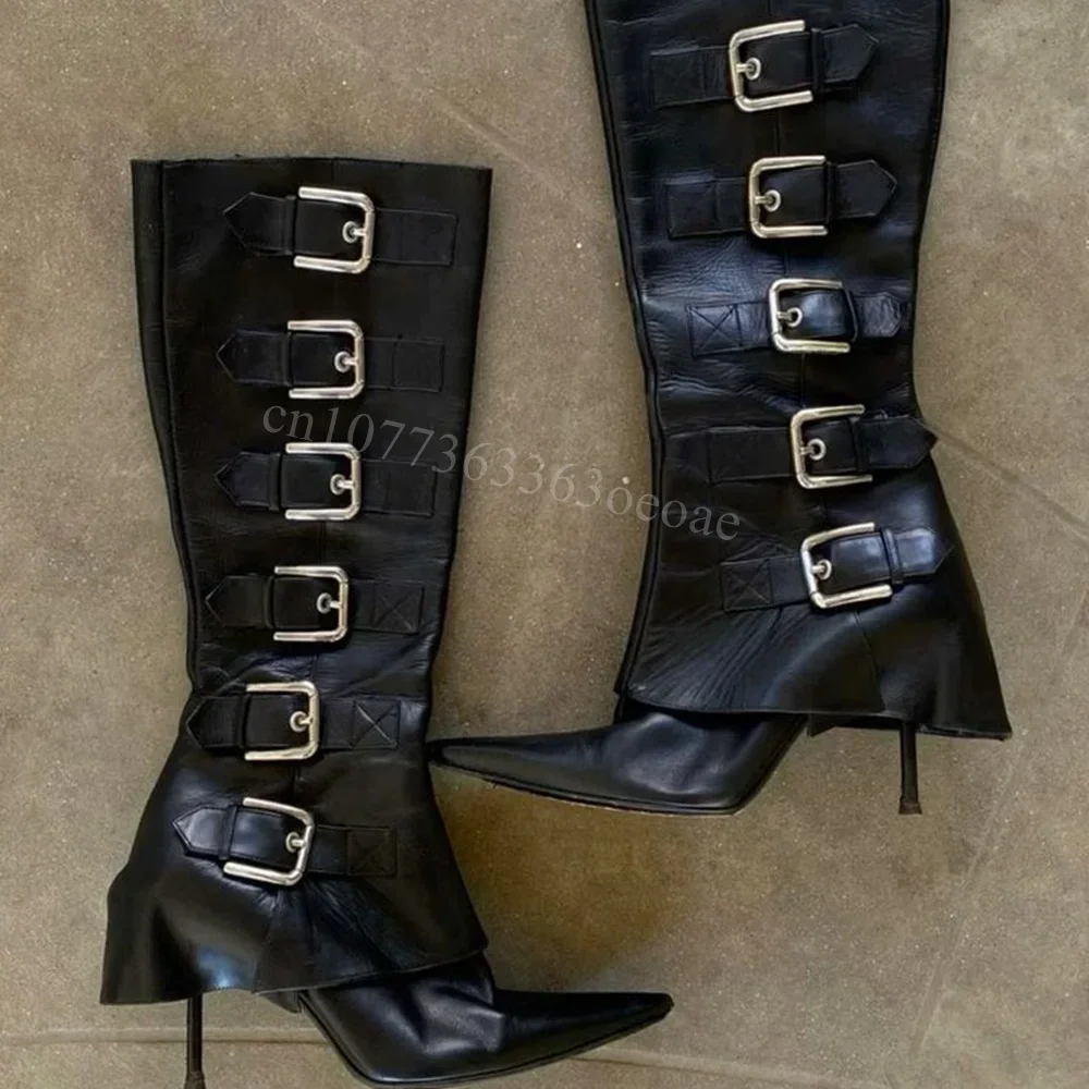 

Ботинки женские на высоком тонком каблуке из матовой кожи с декоративной пряжкой, до колена, модные, 2024