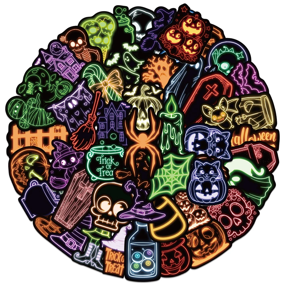 

10/30/50/100pcs Cartoon Neon Halloween Stickers Waterproof Graffiti Motorcycle Phone Luggage Guitar Cool Decoration Sticker Pack
