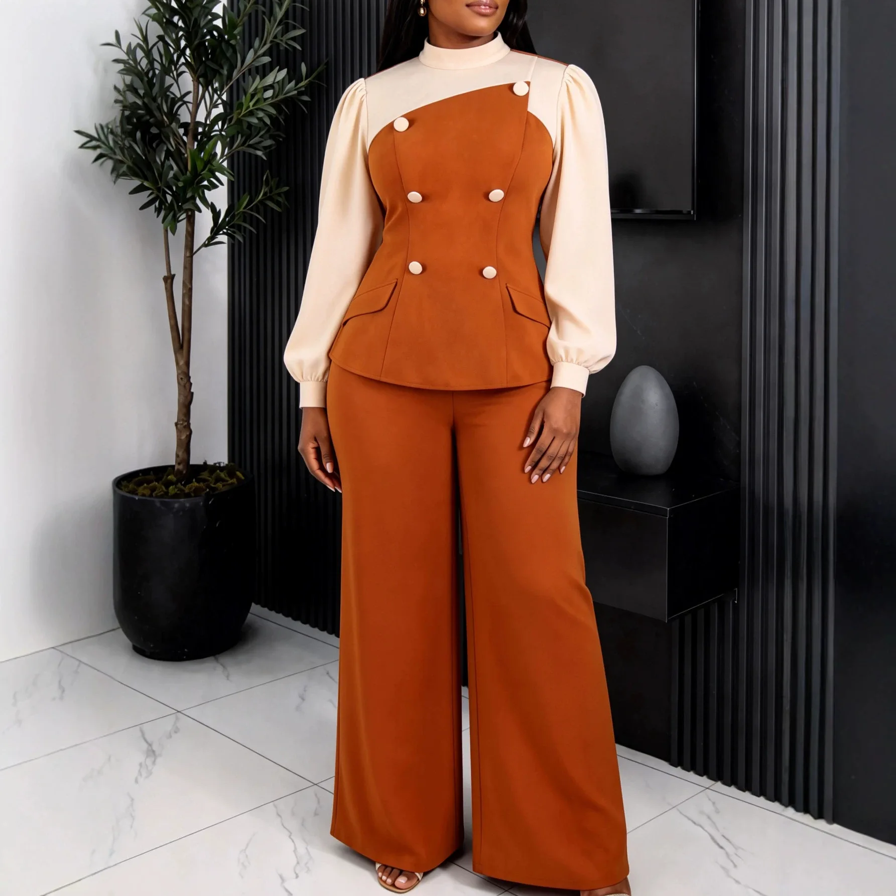 New Autumn. Color-blocked Random Two-piece Set: Elegant Lady Cloth Outfit With A Patchwork Waist-cinching Ruffled Top And Wide-l
