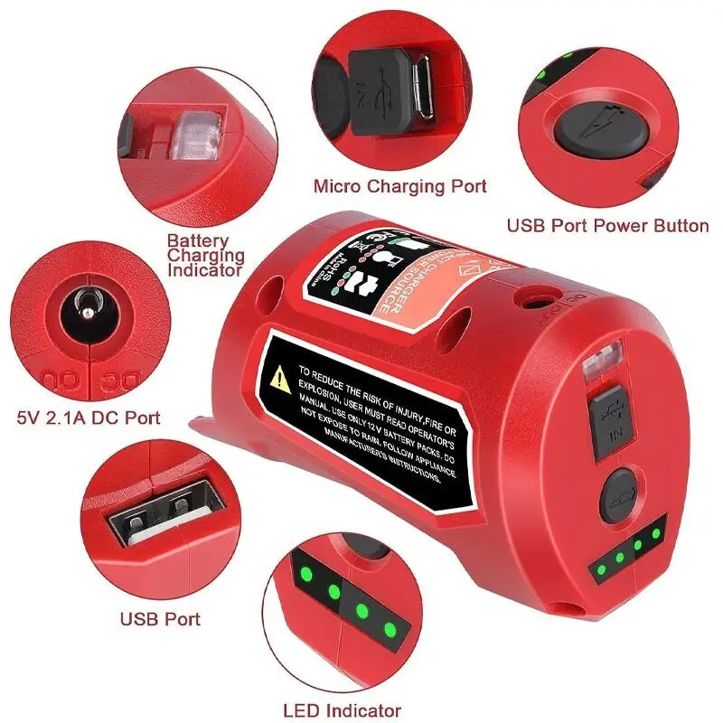 For Milwaukee M12 Li-Ion Battery Adapter N12 Charger Converter USB Power Charging Adapter Mobile Phone Power Supply