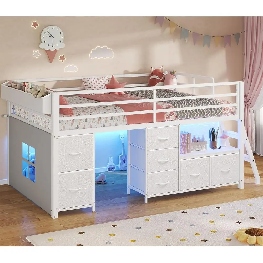 

Twin Size Low Loft Bed with 7 Drawers, Bookcase, LED Lights, Metal Safety Rail, Inclined Ladder, Play Curtain, and Under-Bed Pla