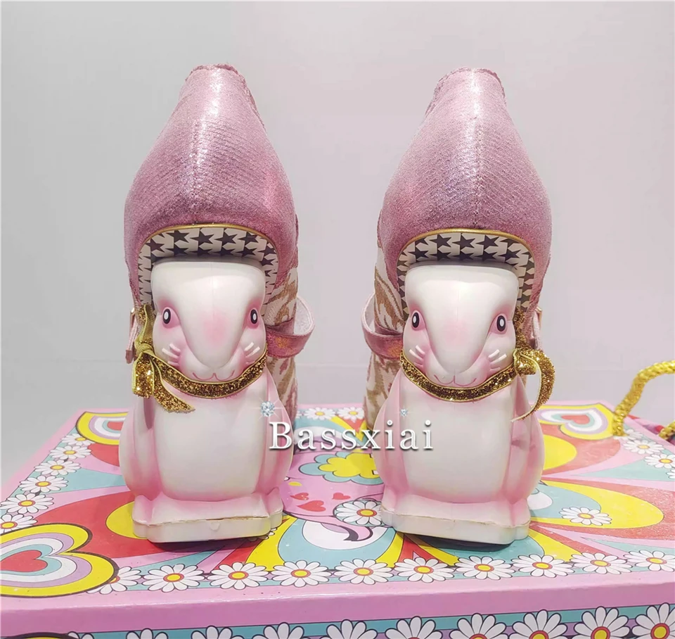 2024 Individual Rabbit Strange Heel Women Pumps Luxury Embroidery Air Mesh Buckle Belt Slip-On Banquet Shoes For Girls