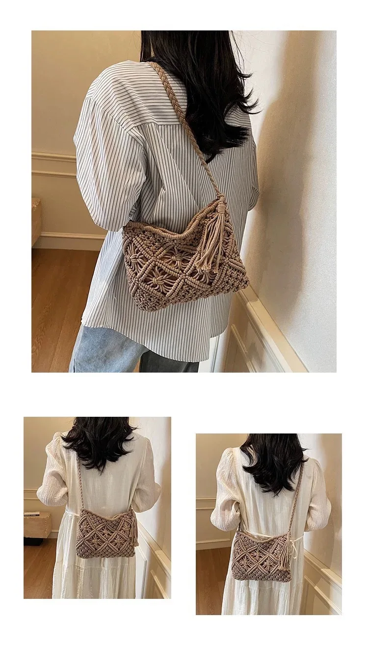 Retro Fransen-Kunststrohtasche, einfache Sommer-Strandtasche, gewebte Schultertasche, lässiges Accessoire für Damen – Detail 4