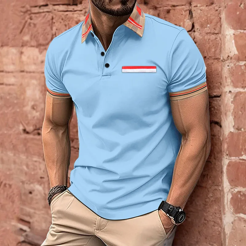 2024 new summer Polo T-shirt Men\'s casual lapel button-down shirt fashion contrast striped collar with short sleeve top