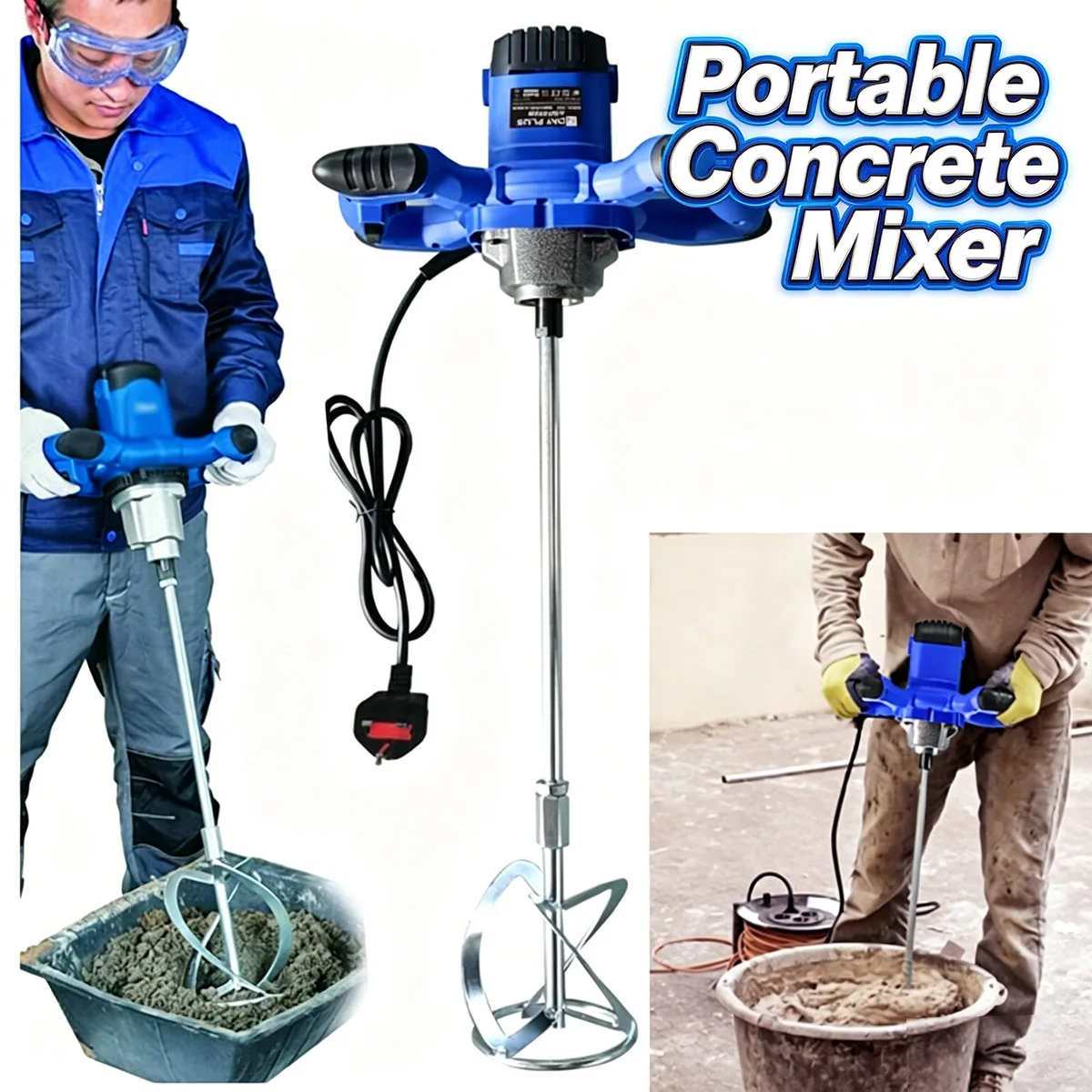 Malaxeur à béton portable électrique, mélangeur de ciment et de mortier avec tige spirale M14, mélangeur de peinture portatif 2600W, mélangeur de coulis et de plâtre, pelle de mélange pour perceuse,