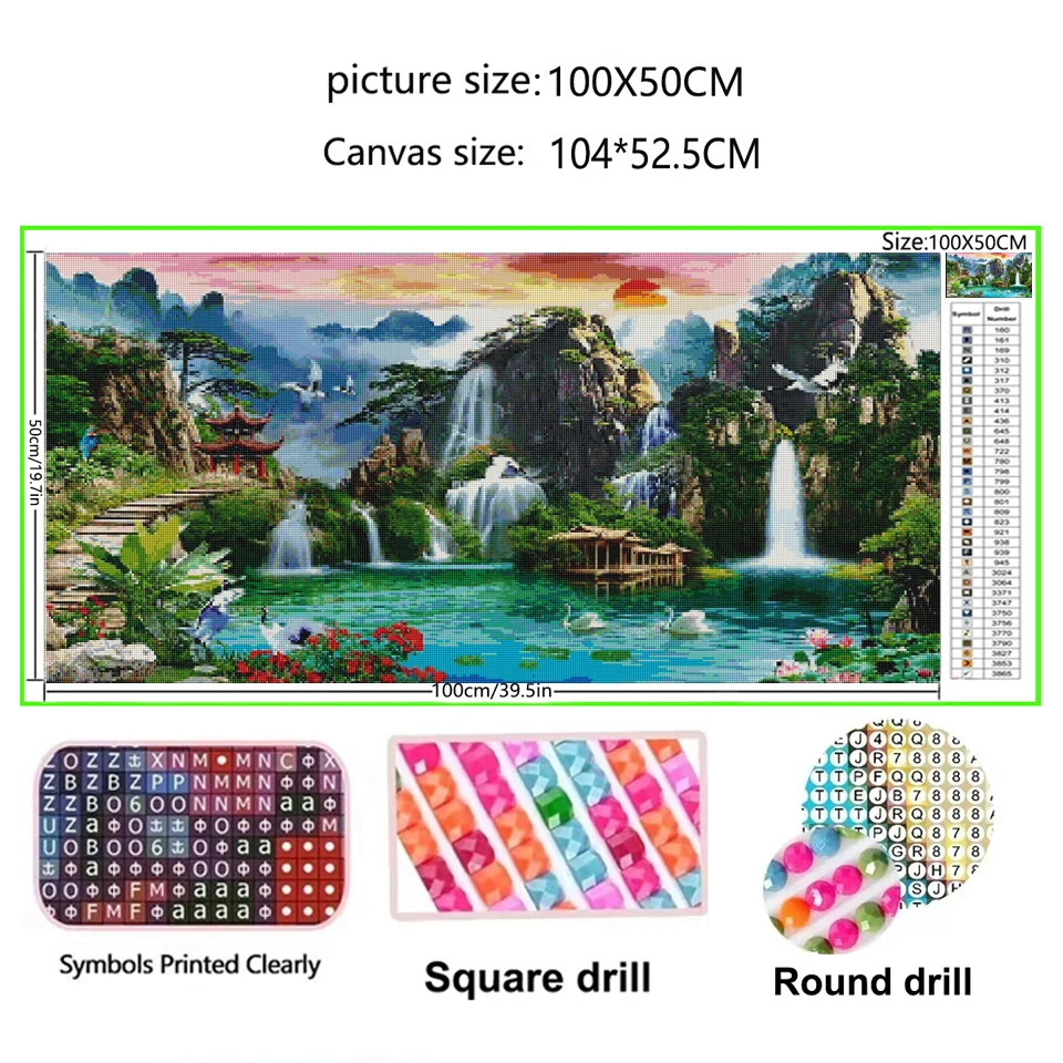 Large 5D Diamond Painting Mosaic Mountains Waterfalls Natural Lake Crane Full Diamond Embroidery Feng Shui Lucky Home Decoration