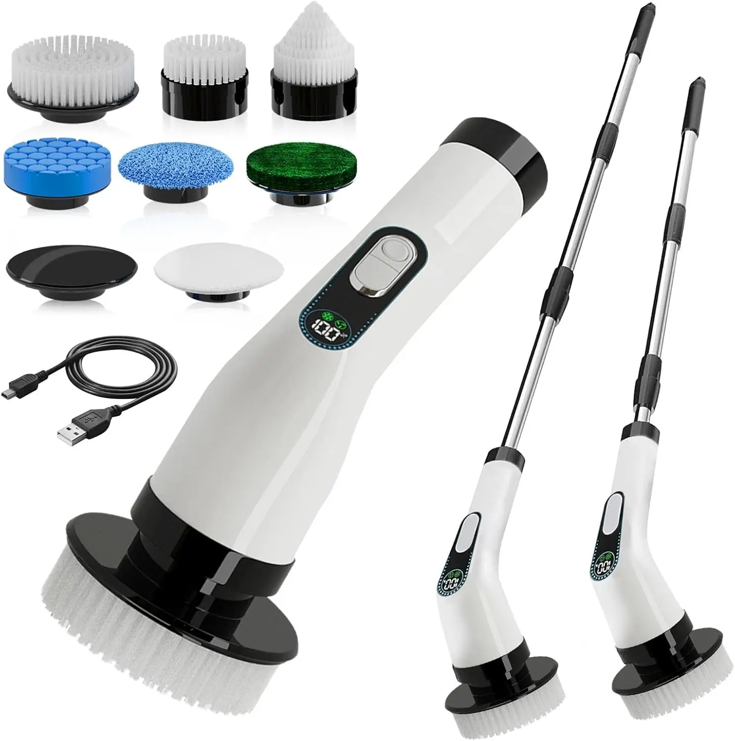 

Cordless Electric Spin Scrubber with Long Handle, 10 Brush Heads, 2-Speed, IPX7 Waterproof for Bathroom & Kitchen