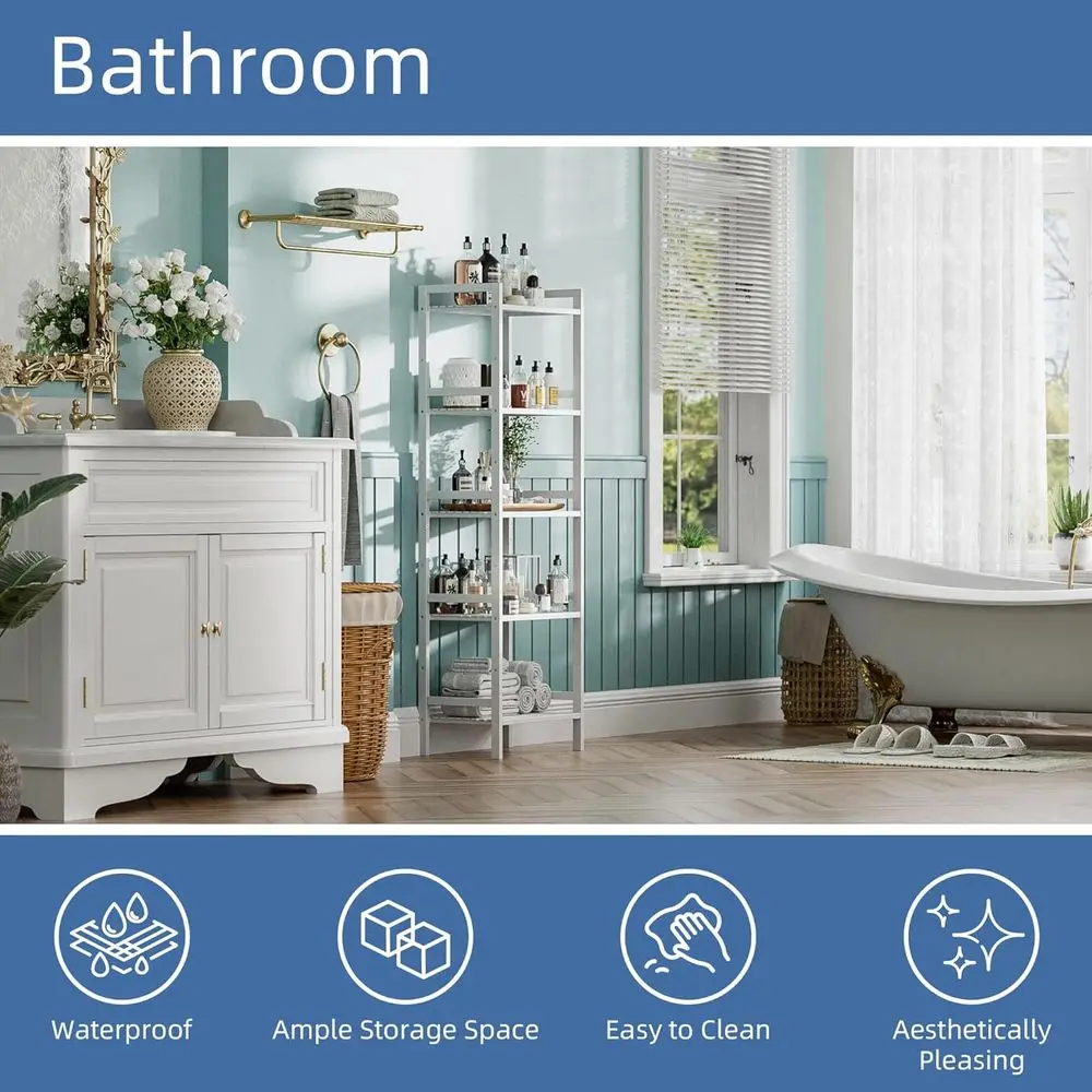 رف كتب نحيف باللون الأبيض مكون من 5 طبقات مع أرفف قابلة للتعديل لتخزين المكاتب المنزلية وغرفة النوم