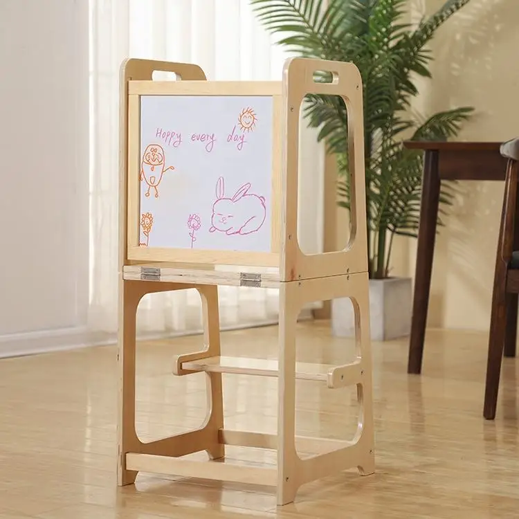 Kitchen Step Stool Foldable Learning Tower with Safety Rail Chalkboard and 3 Adjustable Heights for Kids Use
