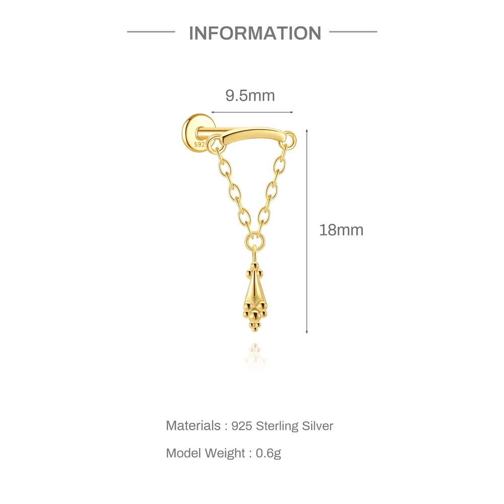 AIDE 925 Sterling Silber Geometrische Glatte Ketten-Quasten-Ohrringe für Damen, Knorpel-Spiral-Piercing, flache Rückseite, zum Schlafen tragbar – Detail 2