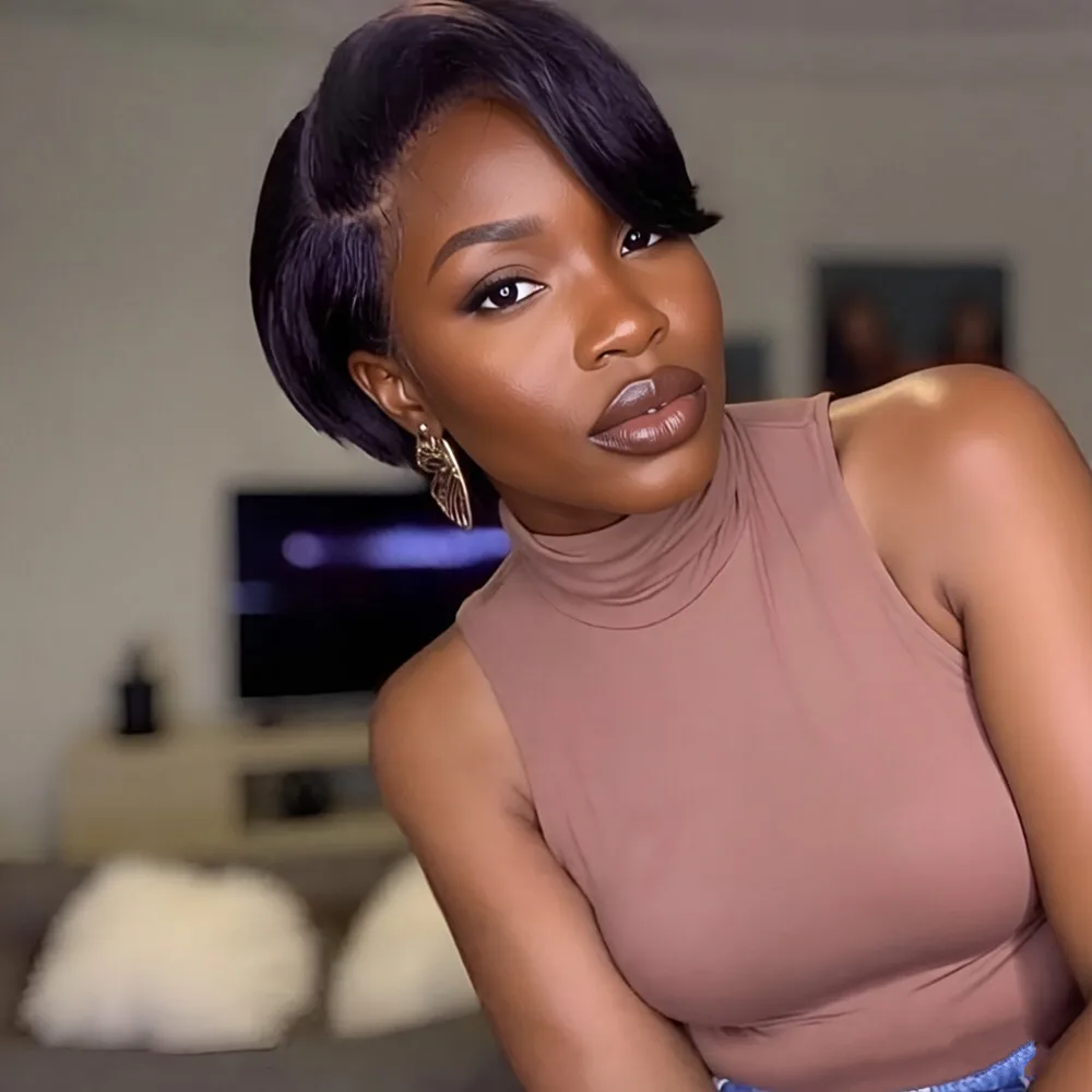 

Парик пикси 13x1 T lace, 6 дюймов, черный цвет, 150% плотность, стрижка пикси, подарочный парик из натуральных волос для повседневного использования, вечеринок, косплея