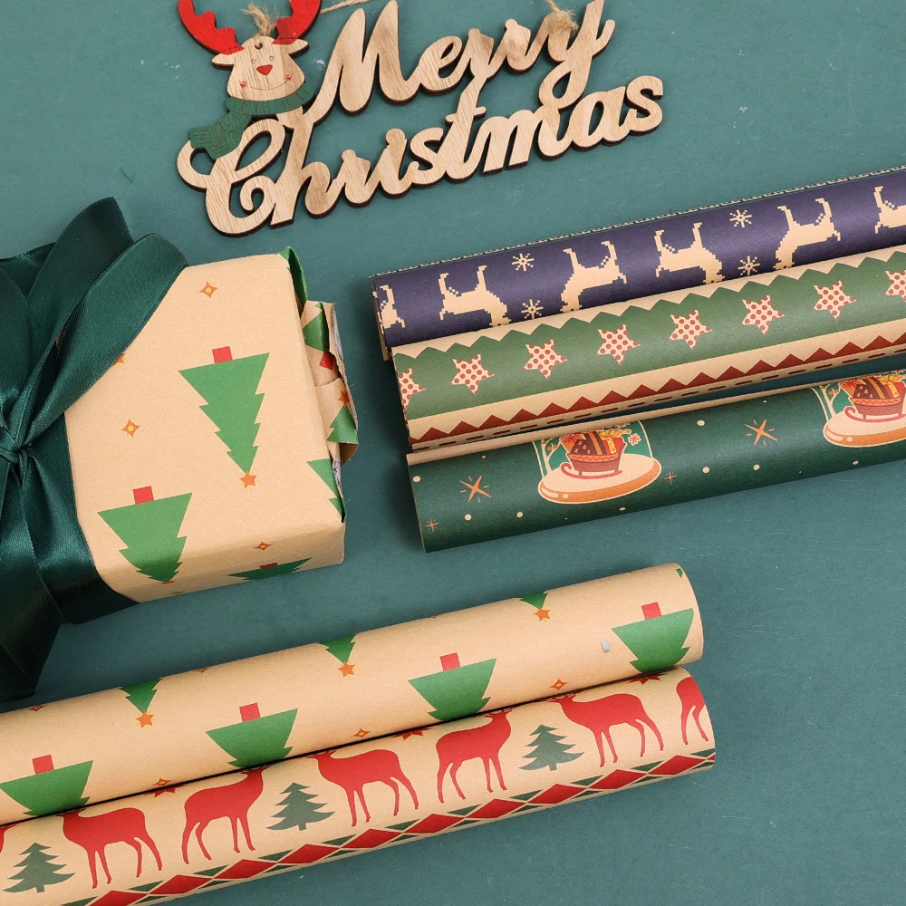 Christmas Gift Wrapping Paper Xmas Tree Elk Print Kraft Packing Paper Birthday Wedding Christmas Party DIY Craft Decor Supplies