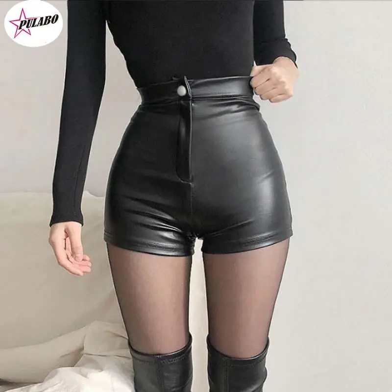 Sexy Black Matte Leather Open Crotch Shorts Women Exotic Bodycon Slim Faux Leather Skinny Shorts Wetlook Nightclub Wear Custom