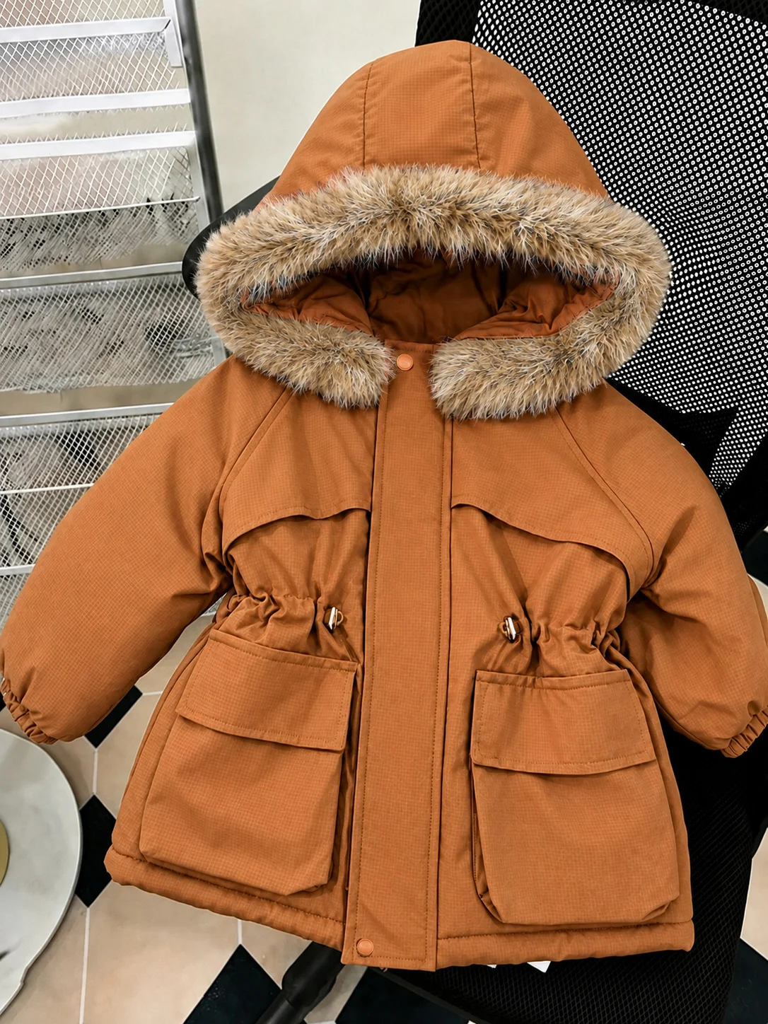 Hooded Drawstring Waist Cinched Parka Coat – Long Sleeve Zip Front Outerwear with Adjustable Fit Baby Girl Clothes