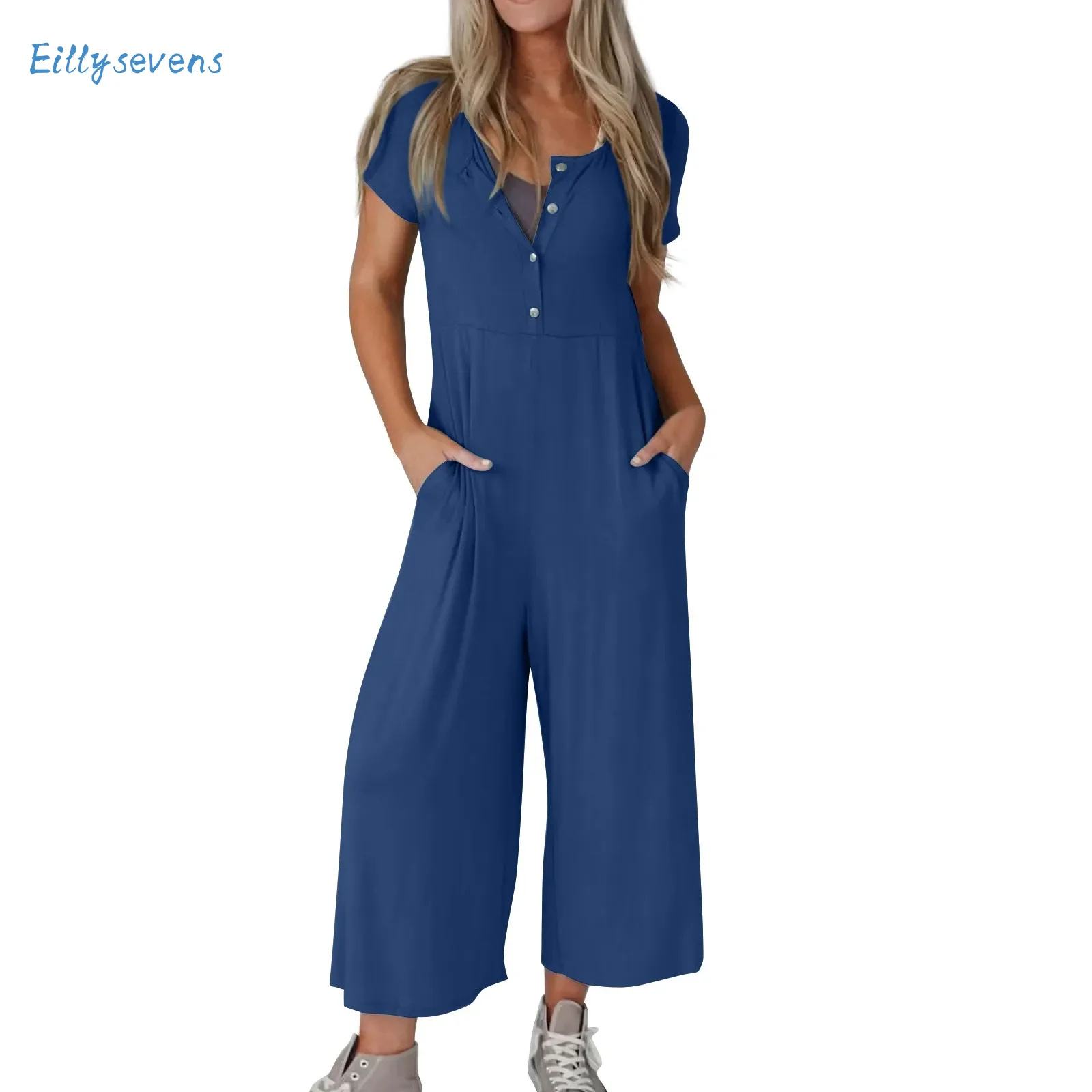 Women'S Casual Jumpsuits Spring Summer Short-Sleeved Button Jumpsuits Solid Color Loose Straight Cropped Rompers With Pockets