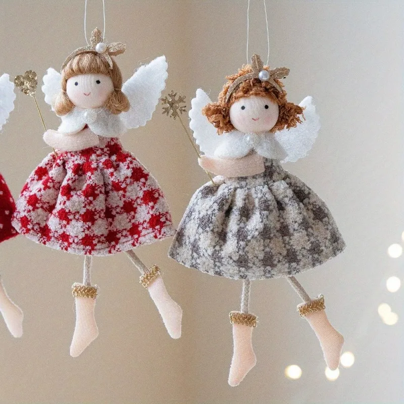 Christmas Girl Angel Doll Pendant Plush Checkered Skirt Pearl Headpiece Doll Christmas Tree Pendant Navidad