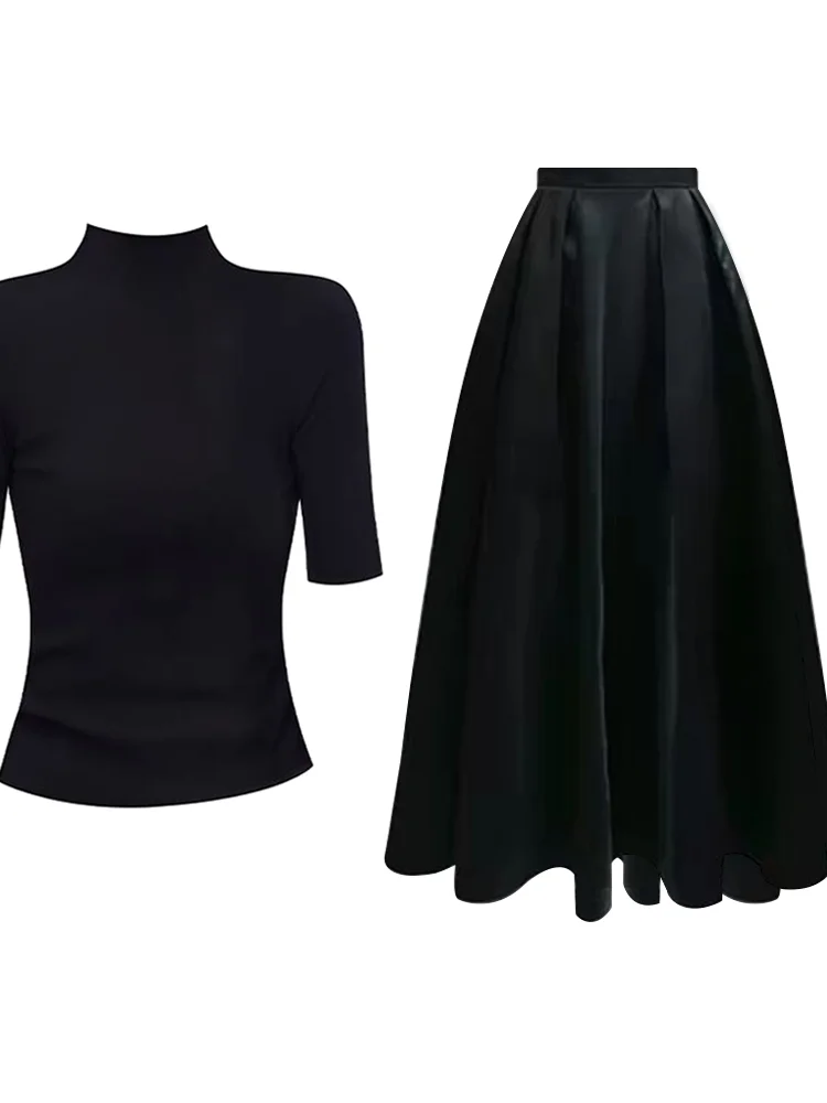 

Elegant Parkyeon Fashion Set Shoulder Five-Quarter Sleeve Top Summer Waist-Cinching High-Waist Black Dress Casual Style