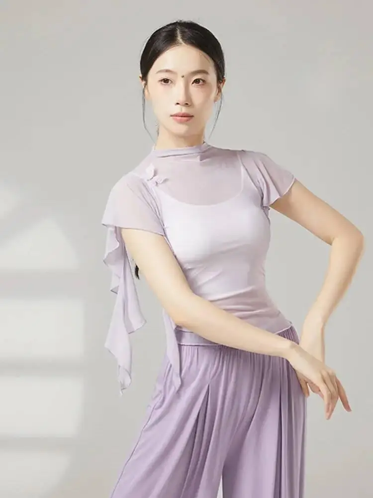 솔리드 컬러 슬림 피트 프릴 슬리브 메쉬 탑 여성용 현대 무용 의상 재즈 현대 무대 공연 연습 셔츠