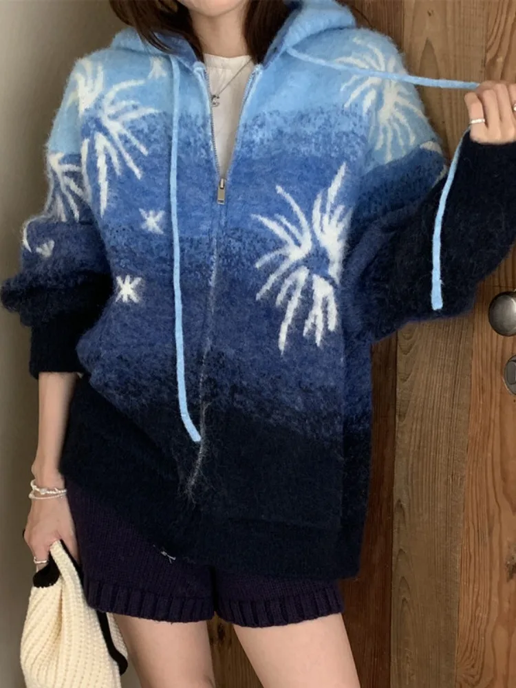 

Retro adient Firework Embroidered Hooded Open Cardigan Sweater Women's Winter New Sle Warm Long Sve Knitted irt