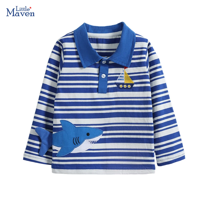 Little maven Baby Boys Long Sleeve Sriped Polo Cartoon Sharks T Shirts Children's Clothing Autumn Spring Kids Clothes Cotton