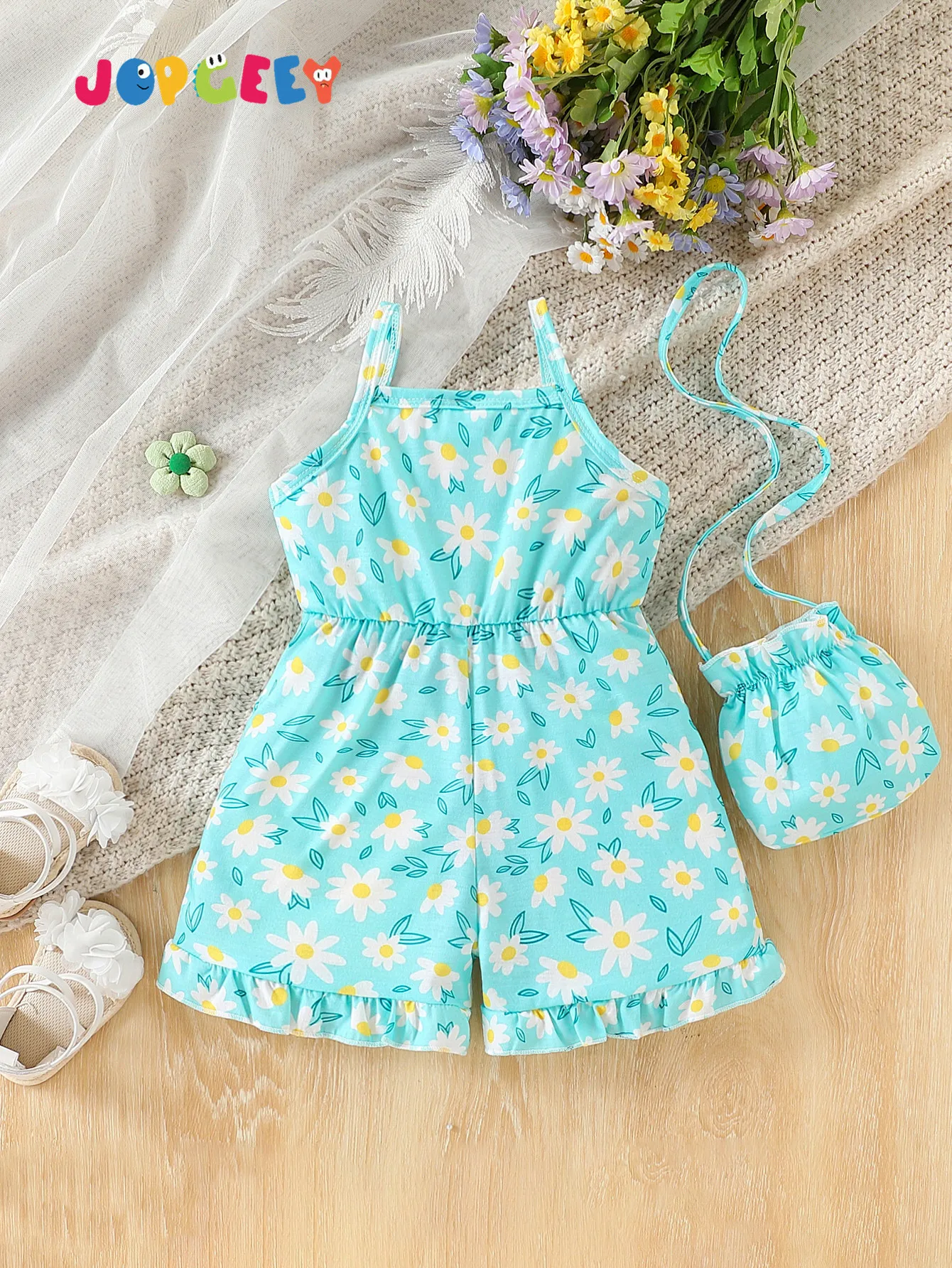Baby-Mädchen, modischer, lässiger Overall mit Blumenmuster, bedruckt über den gesamten Körper, mit Trägern (inklusive Tasche, aber ohne Schuhe), Sommer – Detail 2