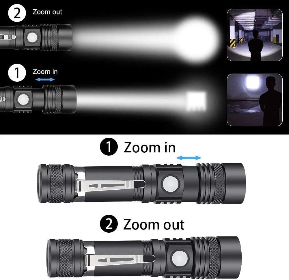 Linterna táctica LED recargable, resistente al agua IPX6, 800lm, LED superbrillante, con zoom, de bolsillo