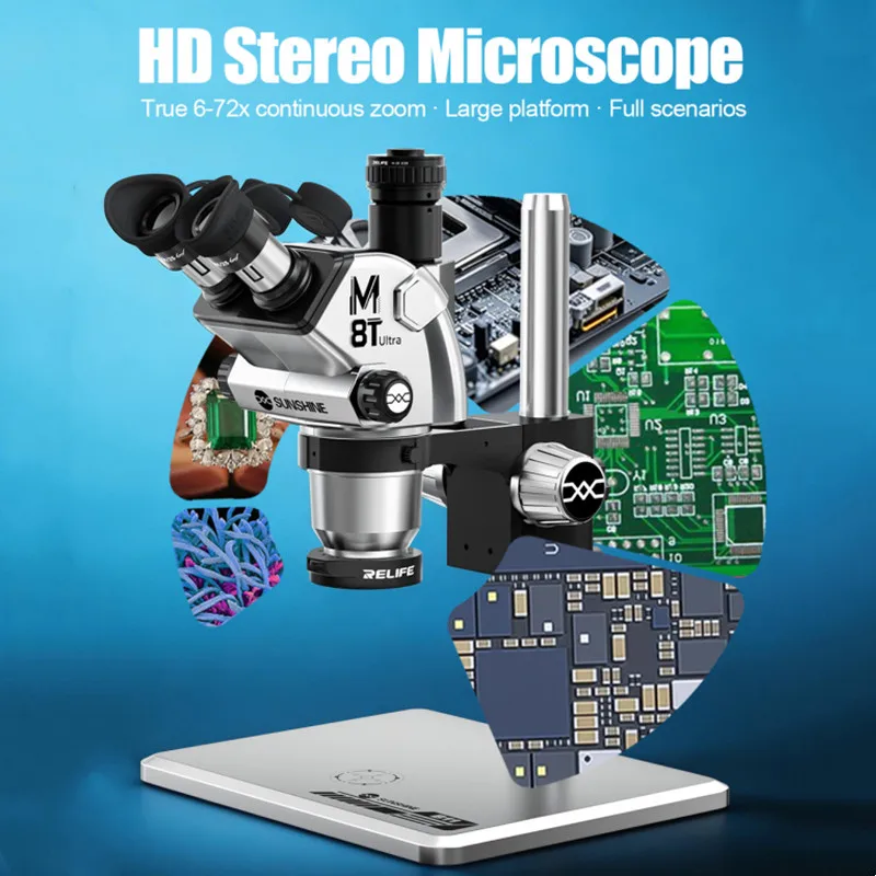 

SUNSHINE Stereo Microscope 6-72X Continuous Zoom 350mm Adjustable Column Base 0.5X CTV Interface for Phone Repair M8T Ultra