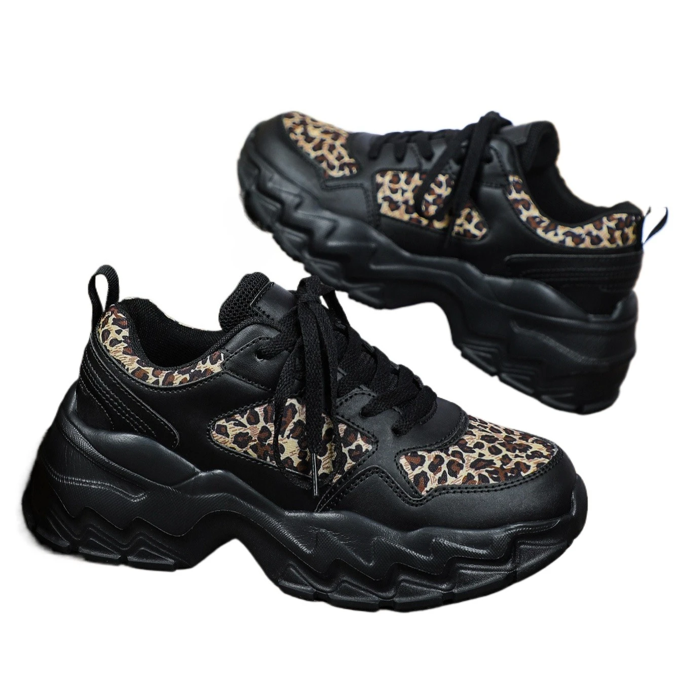 Platform Sneakers Women Leopard Print Patchwork Chunky Shoes Lace Up Height-increased Casual Daily Walking Shoes Size 35-44
