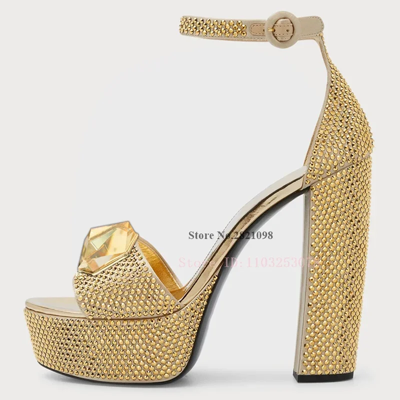 Golden Round Toe 135Mm Chunky Heeled Glitter Sandals Women Platform Full Rivethigh Heels High Heel Ankle Strap Summer Shoes