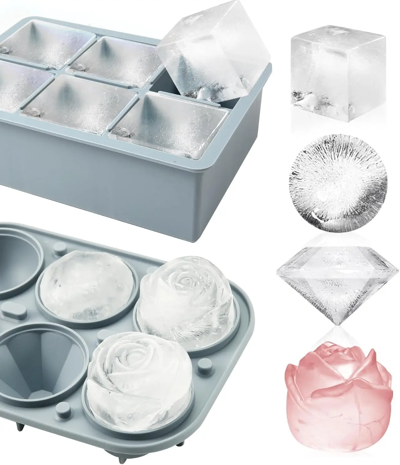

Silicone Square and Round Ice Cube Trays for Freezer - Sphere, Rose, Diamond Ice Molds for Whiskey, Cocktails & DIY, Gray