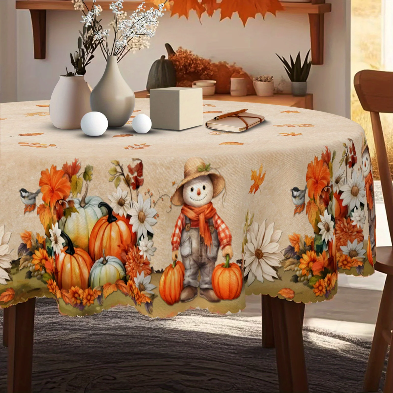 1 piece of autumn tablecloth - Cute scarecrow, harvest pumpkin and floral patterns, rural style Thanksgiving decorationzyc