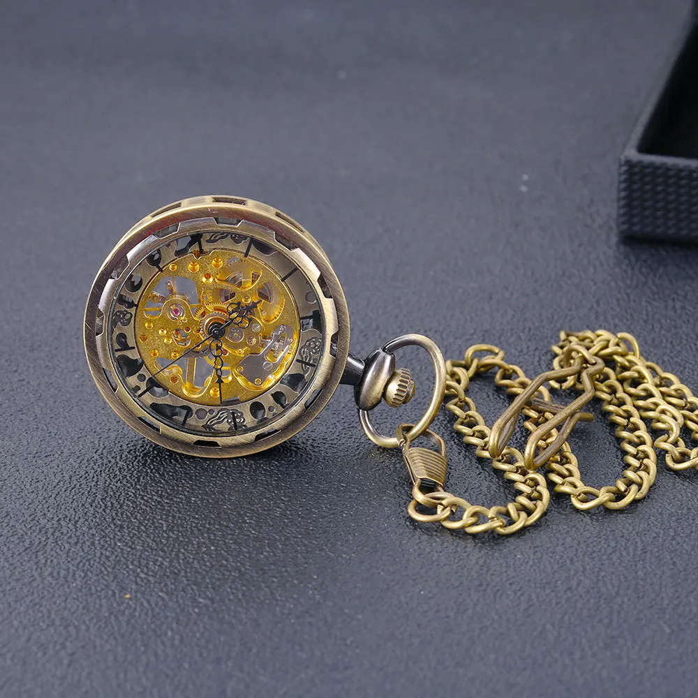 Orologio da tasca meccanico dorato di lusso per uomo donna quadrante trasparente cassa in oro orologio con ciondolo a catena Fob per regalo di raccolta