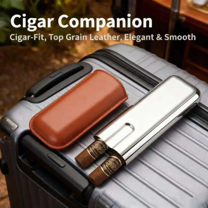 

Инновационный футляр для сигар из нержавеющей стали, 2 тубуса, портативный, кожаный, металлический хьюмидор, подарок для отца