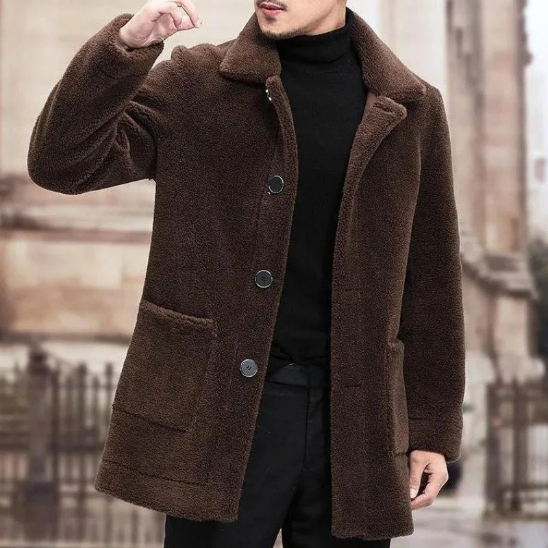 

Мужское пальто из мягкой полиэстеровой ткани с воротником из искусственного меха, осенне-зимнее, новое, повседневное, стильное, верхняя одежда