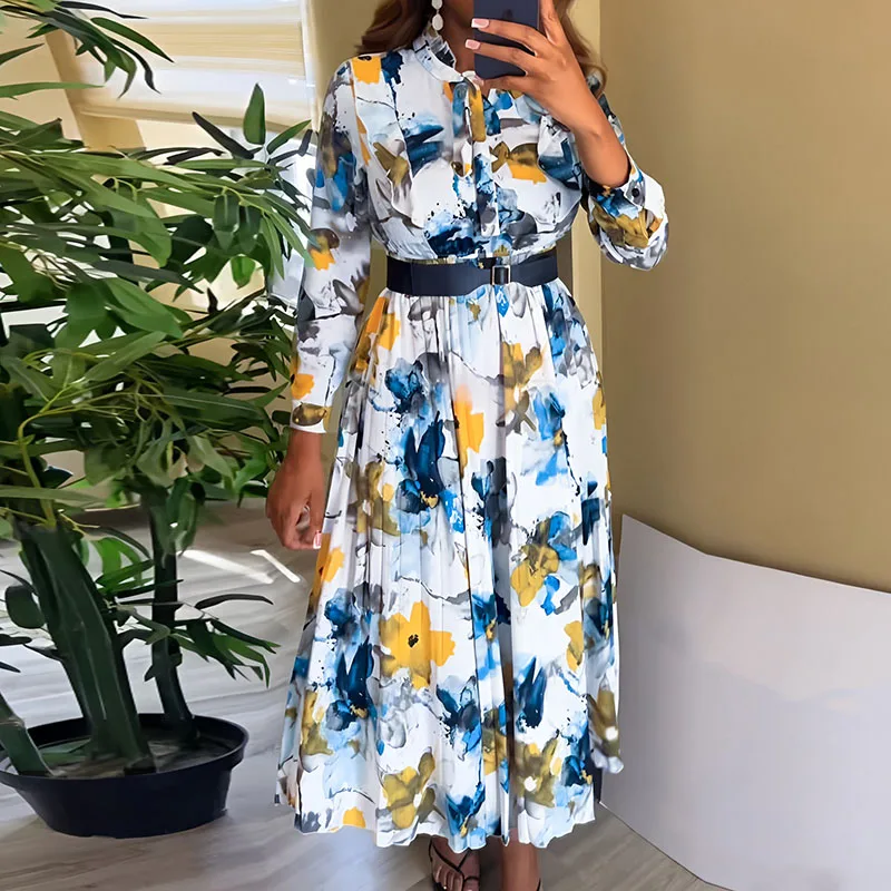 Femmes mode taille plissée robe de soirée motif élégant imprimé nœud à lacets robe longue 2025 Sexy col en v à manches longues robe de vacances