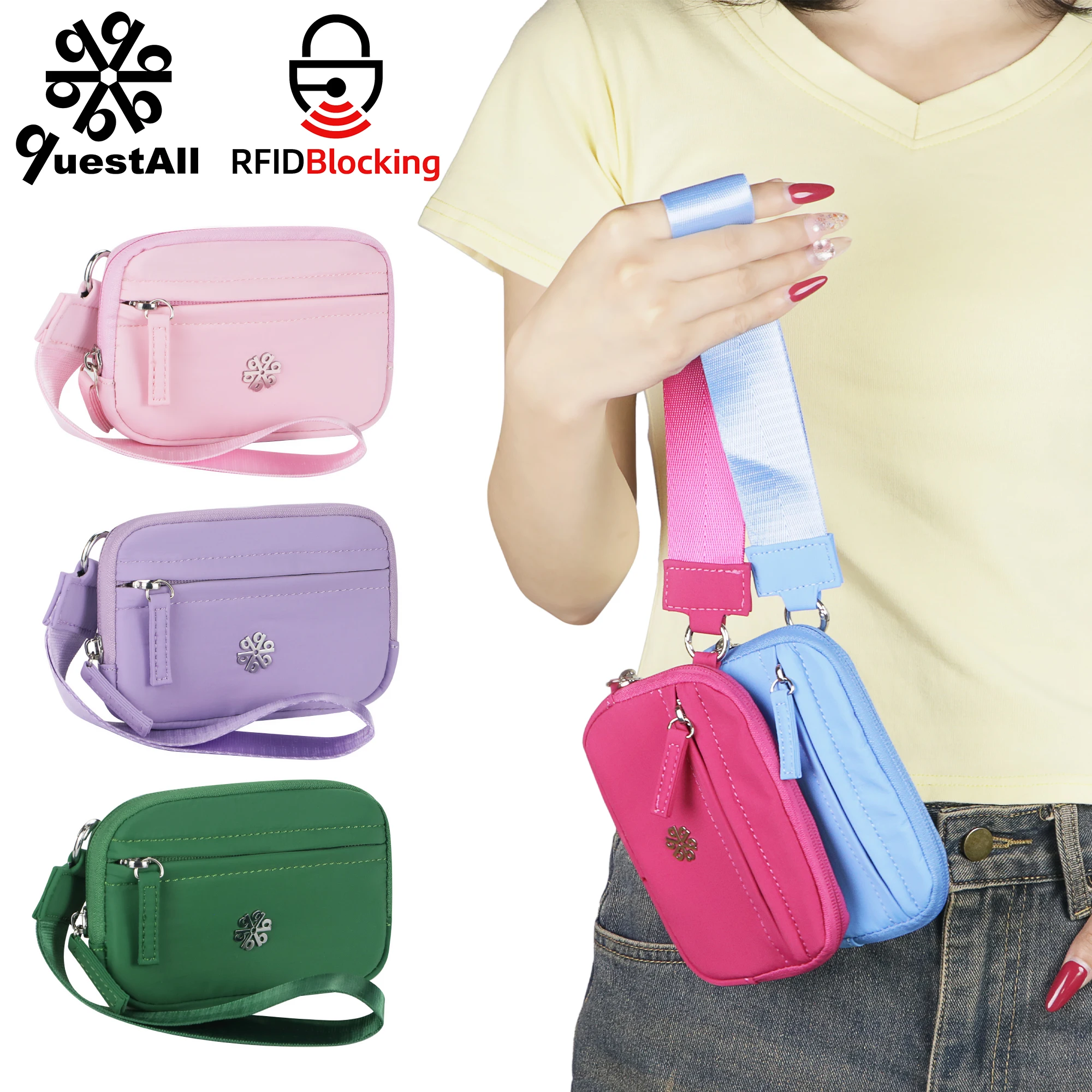 QuestAll Portamonete RFID impermeabile da donna, portafoglio da viaggio in nylon leggero con cinturino da polso, porta carte multi-cerniera 9102