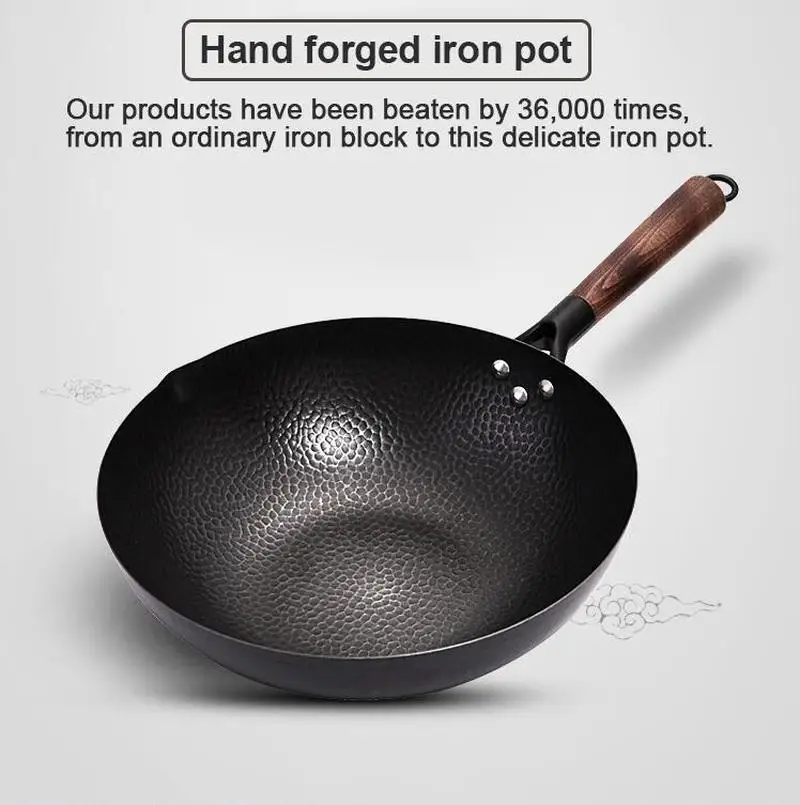 Xiaomi Handmade Iron Pot 32CM Frying Pan Uncoated Health Wok Non-Stick Pan Gas Stove Induction Cooker Wood Cover Iron Wok