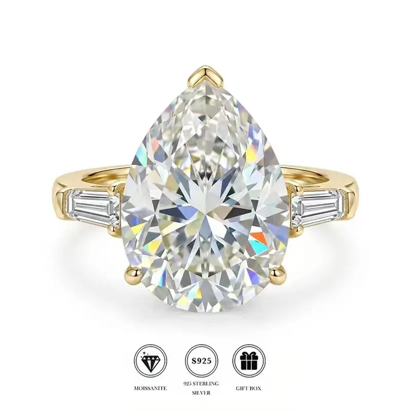 13 Carat Pear‑Cut Moissanite Women's Ring, 13*18 mm, S925 Sterling Silver, D‑Color Lab‑Grown Diamond, Sparkling Exquisite Jewelr