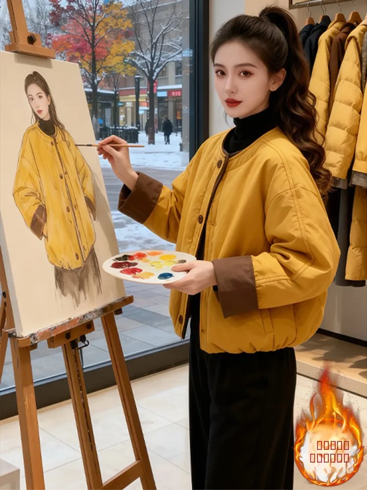 

Женская утепленная повседневная хлопковая куртка с круглым вырезом, новинка 2026 года, модная легкая бейсбольная куртка-топ в корейском стиле